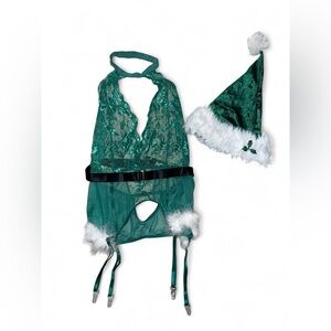 Emerald Lace Holiday Teddy with Fur-Trim Santa Hat - Women Intimates